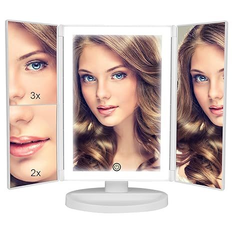 36 LED Nature Daylight Lighted Makeup Mirror,Tri-Fold Lighted Makeup Mirror with 3X/2X Magnification and Touch Screen Dimming Makeup Mirror, 180 Degree free Rotation, Countertop Cosmetic Mirror