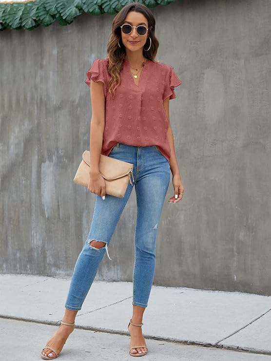 Womens White Blouse V Neck Ruffle Sleeve Flowy Shirts Dressy Casual Cute Summer Tops