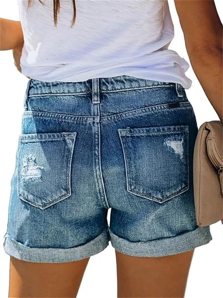 Denim Shorts for Women Mid Rise Ripped Jean Shorts Stretchy Folded Hem Hot Short Jeans