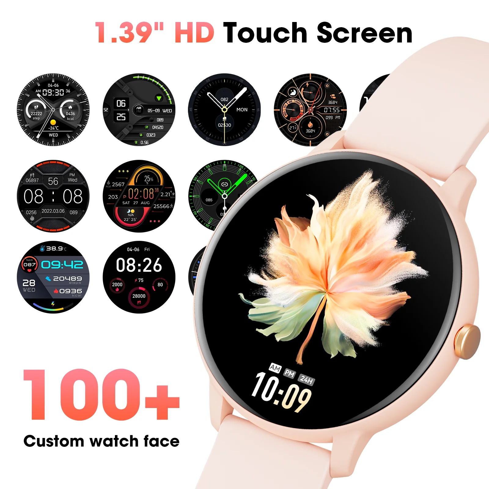 Women's Smart Watch, 1.39-inch HD Touch Screen, Fitness Tracker, Multiple Sports Modes, Wireless Calling, for Android and iPhone Devices (Pink)