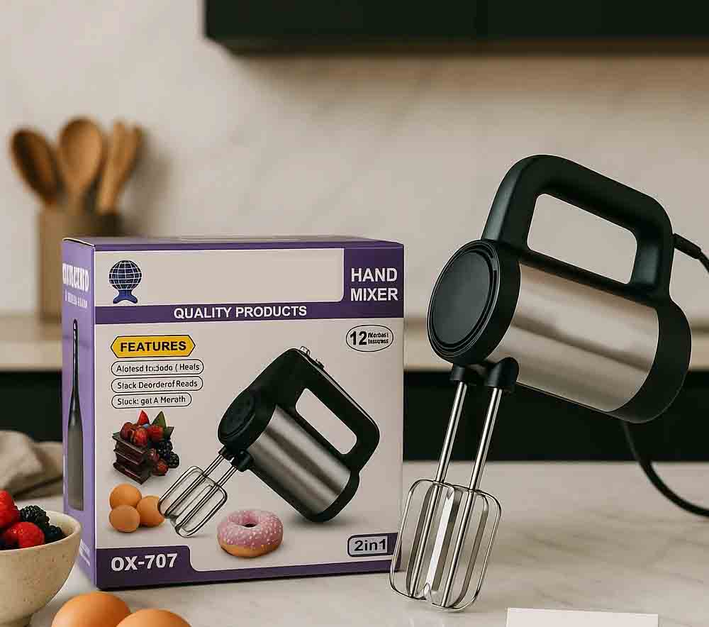 2-in-1 Hand Mixer – 5-Speed Powerful Stainless Steel Beater & Dough Hook Set