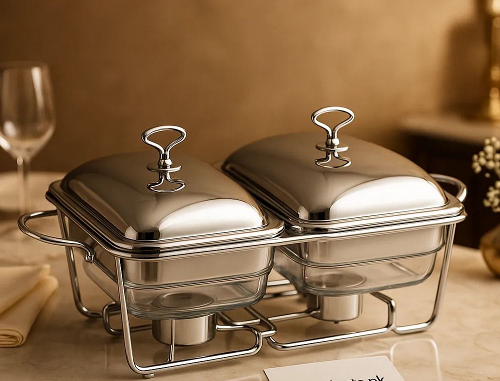 Double Stainless Steel Chafing Dish Set – Dual Food Warmer With Glass Containers & Stand | Homducts.pk
