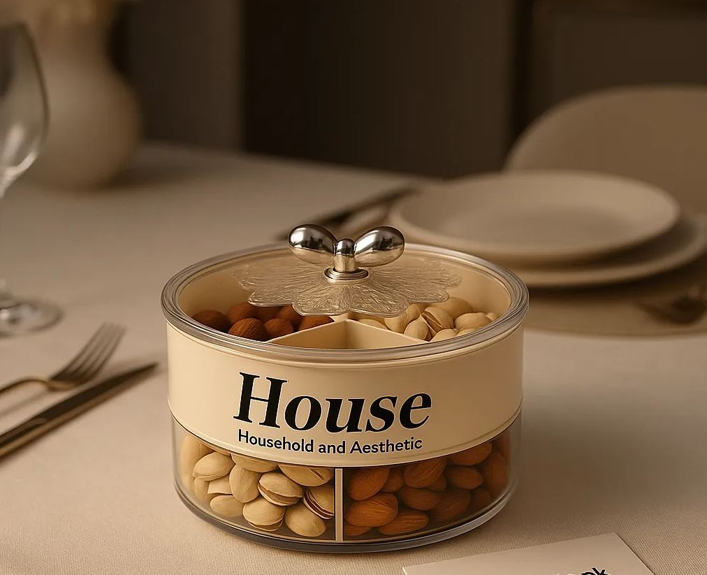 Luxury 4-Grid Dry Fruit & Snack Storage Jar – Premium Round Organizer with Crystal Lid | Homducts.pk