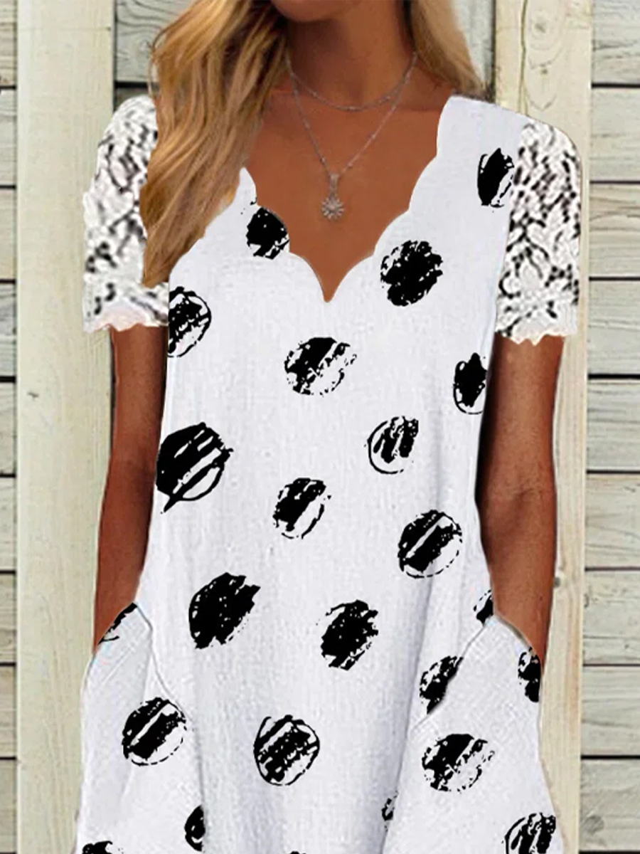 Vintage Print Short Sleeves V Neck Midi Dress