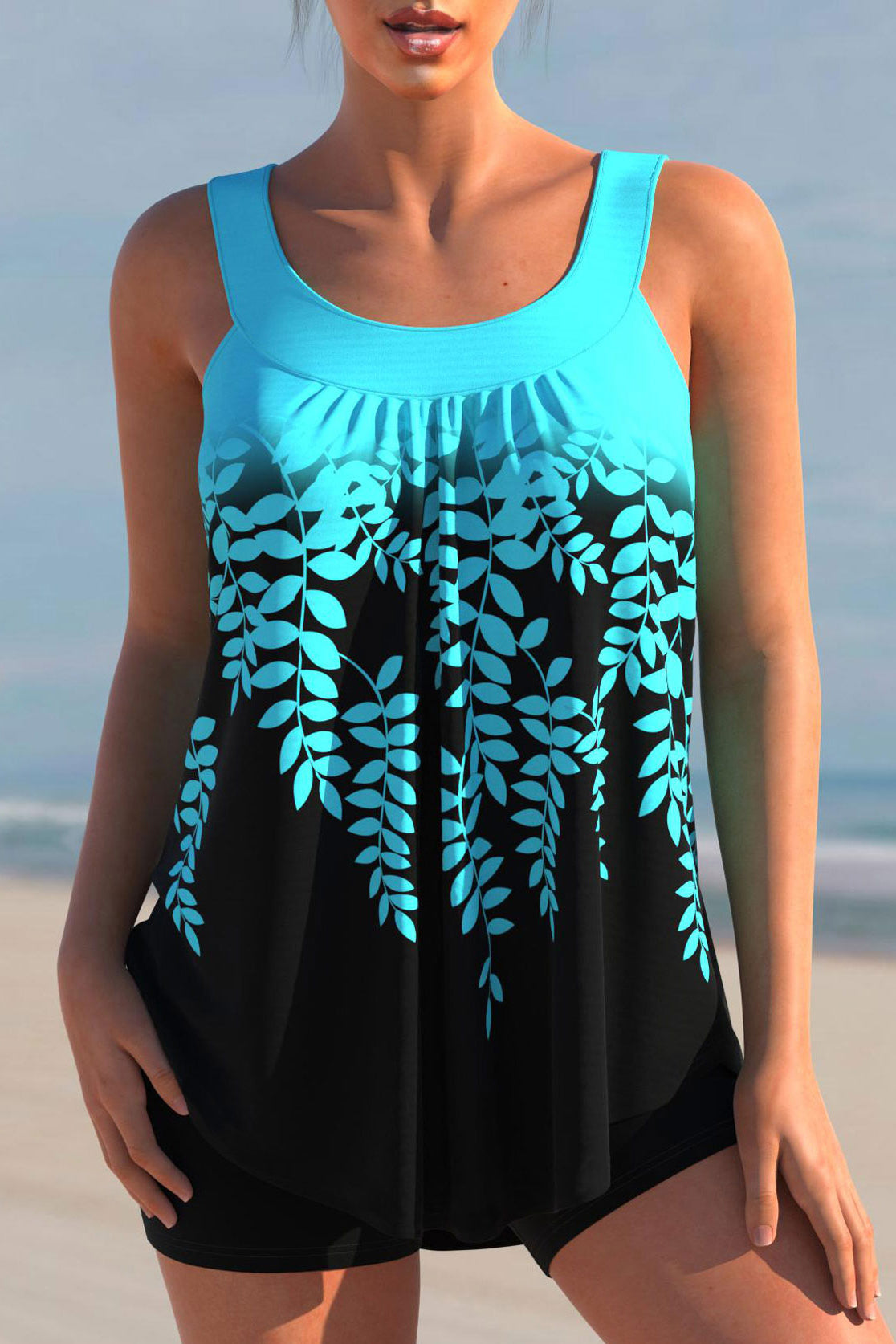 Gradient colorblock leaf print TANKINI SET