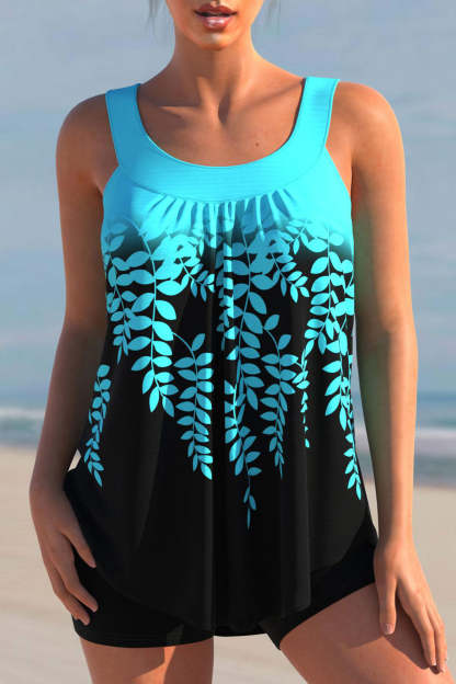 Gradient colorblock leaf print TANKINI SET