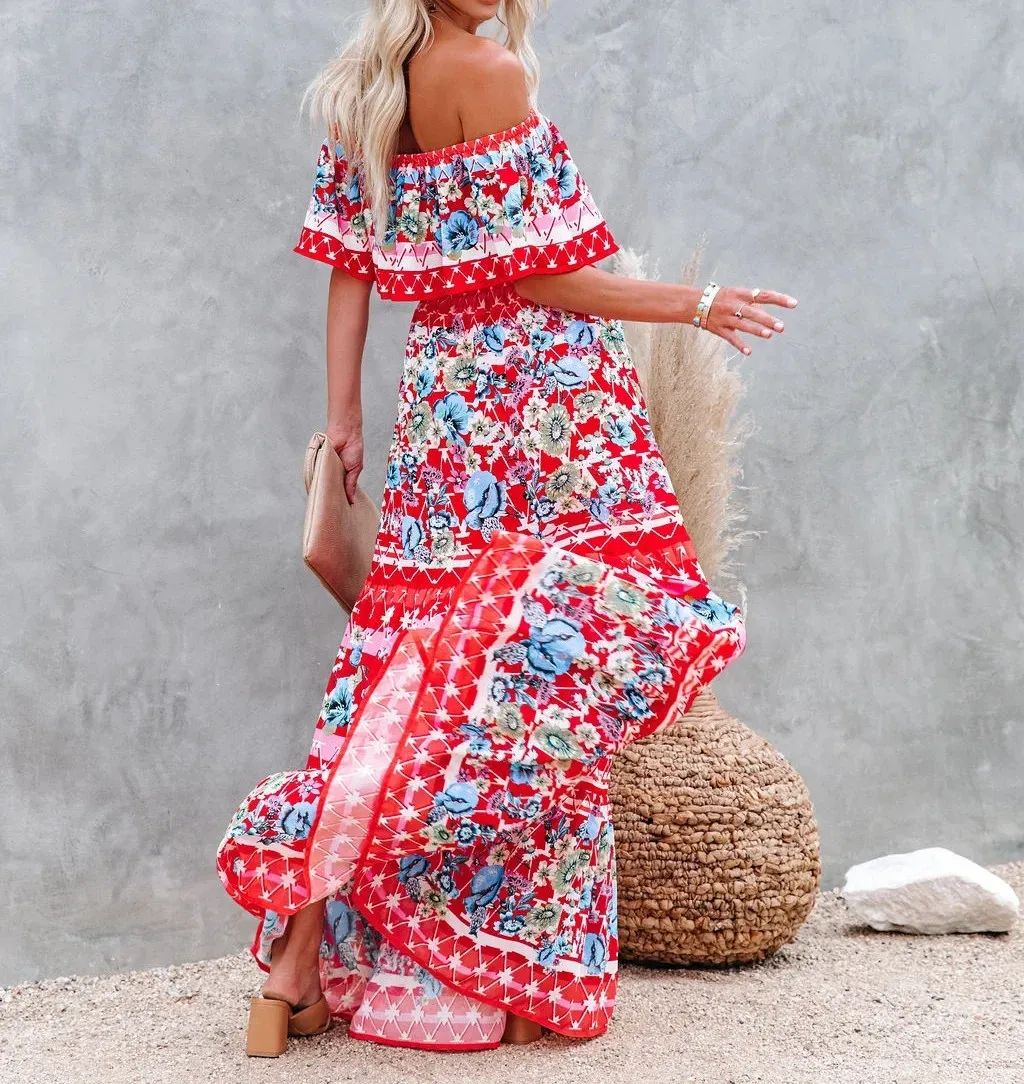 Maxi dress word shoulder printed summer women dress
