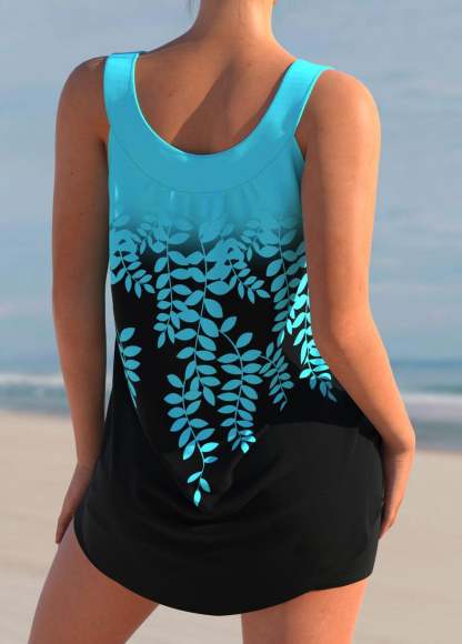 Gradient colorblock leaf print TANKINI SET