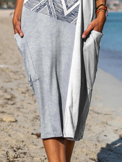 Casual Vintage Print Sleeveless Crew Neck Midi Dress