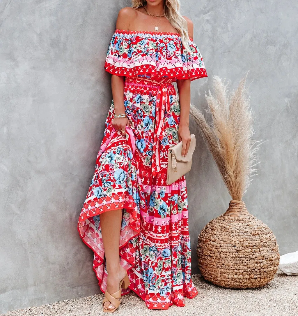 Maxi dress word shoulder printed summer women dress