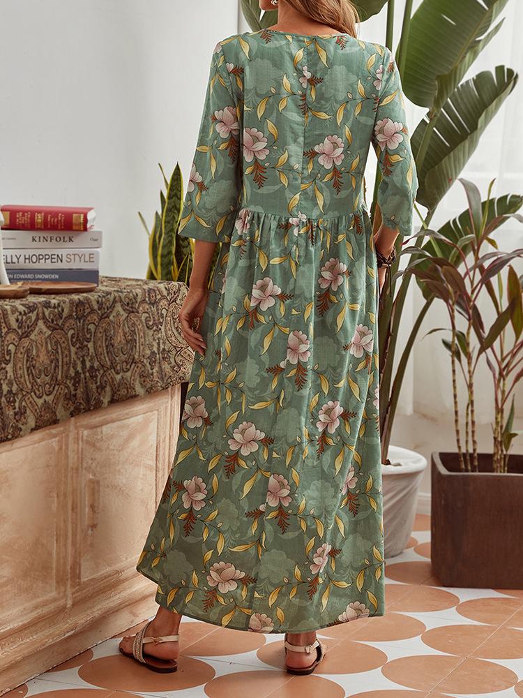 Cotton Loose Print Elegant Long Sleeve Dress