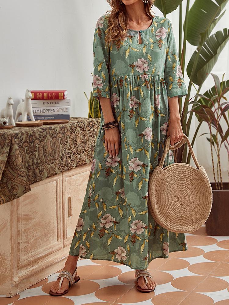 Cotton Loose Print Elegant Long Sleeve Dress