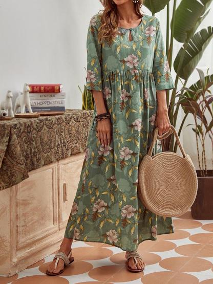 Cotton Loose Print Elegant Long Sleeve Dress