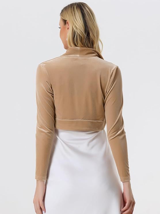 Women's Long Sleeve Velvet Shrug Cocktail Party Open Front Cropped Bolero Cardigan Top