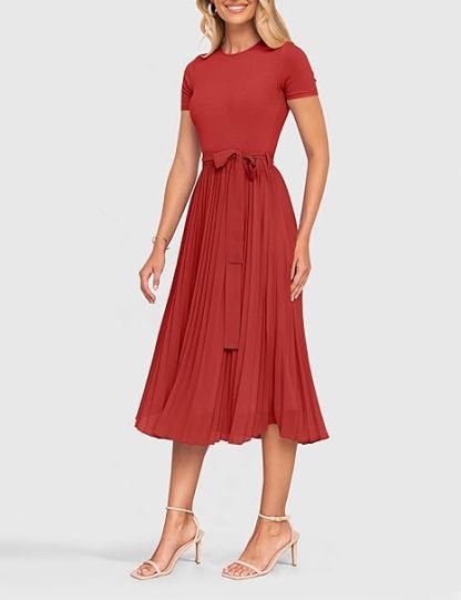 Womens Spring Casual Short Sleeve Midi Dresses 2024 Summer Crew Neck Ribbed Knit Belted Pleated A Line Long Dress