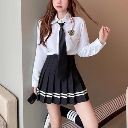 Women's JK Uniform Long Sleeve Shirt Short Pleated Skirt Cute High School Girl Sailor Suit with Tie