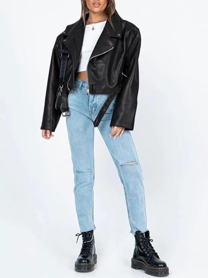 Women Leather Jackets Oversized Casual Winter Y2k Faux Zip Up Coats Bomber Motor Biker Fall Clothes  Trendy