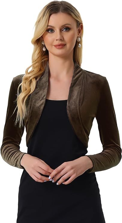 Women's Long Sleeve Velvet Shrug Cocktail Party Open Front Cropped Bolero Cardigan Top