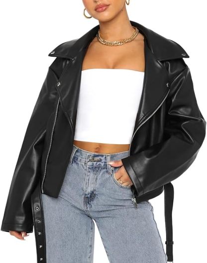 Women Leather Jackets Oversized Casual Winter Y2k Faux Zip Up Coats Bomber Motor Biker Fall Clothes  Trendy