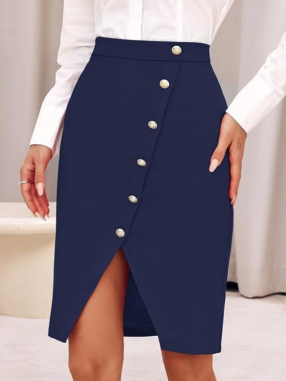 Womens Bodycon Pencil Skirt High Waist Button Split Front Knee Length Work Business Skirts