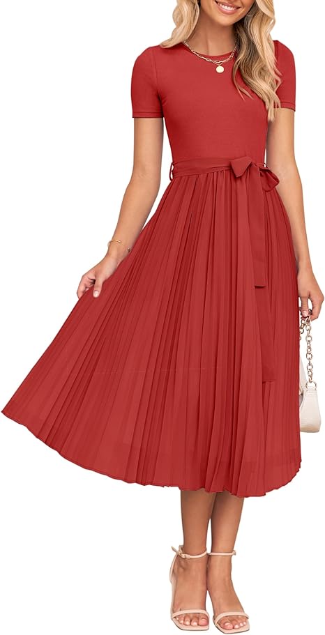 Womens Spring Casual Short Sleeve Midi Dresses 2024 Summer Crew Neck Ribbed Knit Belted Pleated A Line Long Dress