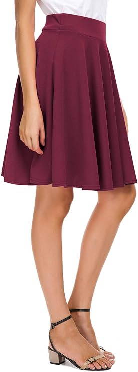 Women's Casual Stretchy Flared Mini Skater Skirt Basic A-Line Pleated Midi Skirt