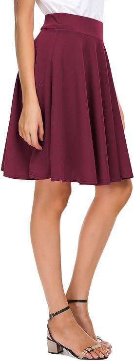Women's Casual Stretchy Flared Mini Skater Skirt Basic A-Line Pleated Midi Skirt
