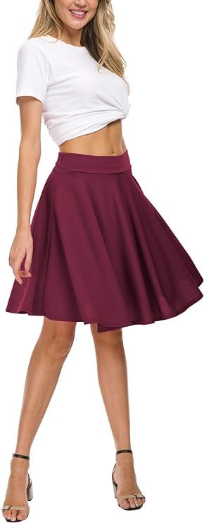 Women's Casual Stretchy Flared Mini Skater Skirt Basic A-Line Pleated Midi Skirt