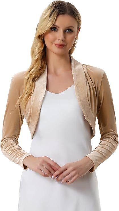 Women's Long Sleeve Velvet Shrug Cocktail Party Open Front Cropped Bolero Cardigan Top