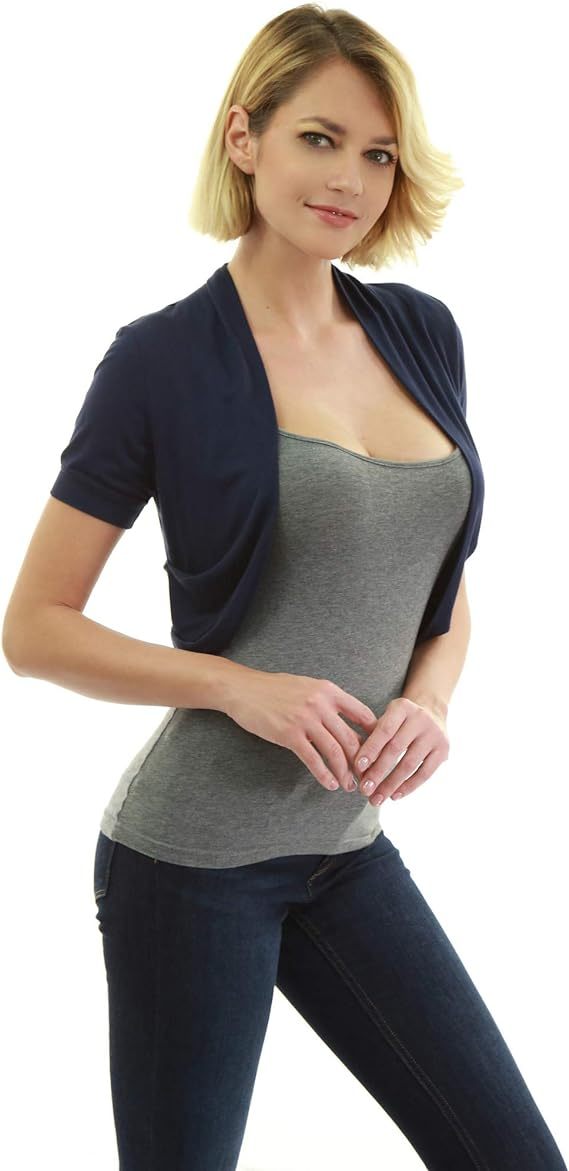 Women Short Sleeve Bolero Shrug Open Front Pleated Sides Cropped Cardigan