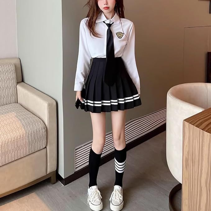 Women's JK Uniform Long Sleeve Shirt Short Pleated Skirt Cute High School Girl Sailor Suit with Tie