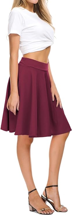 Women's Casual Stretchy Flared Mini Skater Skirt Basic A-Line Pleated Midi Skirt