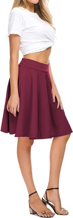 Women's Casual Stretchy Flared Mini Skater Skirt Basic A-Line Pleated Midi Skirt
