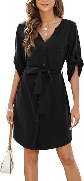Womens Button Down Dress Summer V Neck 3/4 Sleeve Tie Waist Business Casual Work Mini Shirt Dresses