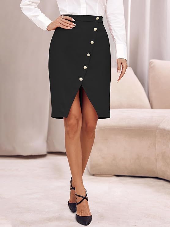 Womens Bodycon Pencil Skirt High Waist Button Split Front Knee Length Work Business Skirts