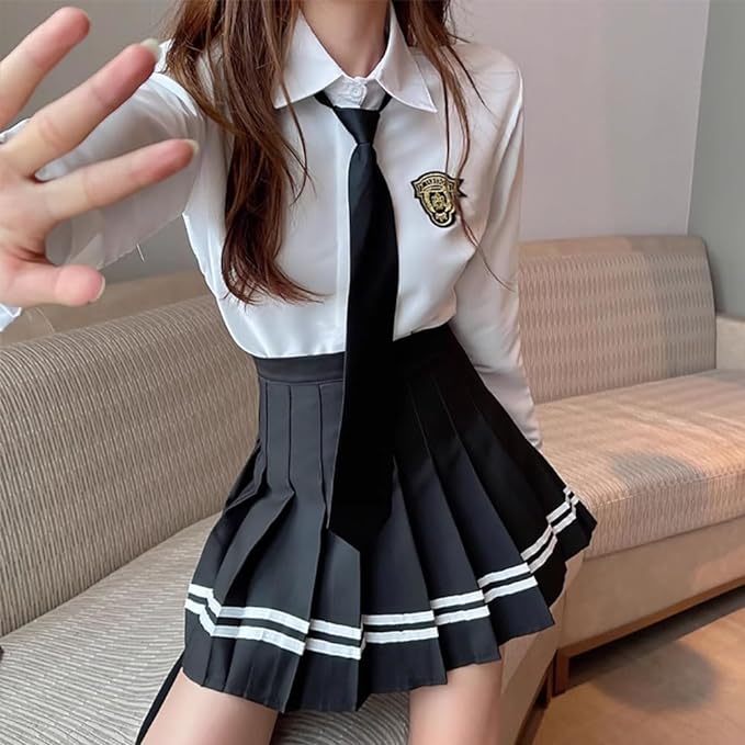 Women's JK Uniform Long Sleeve Shirt Short Pleated Skirt Cute High School Girl Sailor Suit with Tie