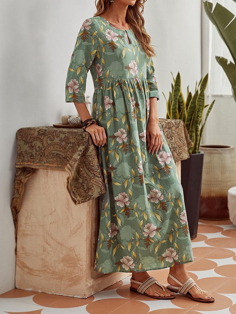 Cotton Loose Print Elegant Long Sleeve Dress