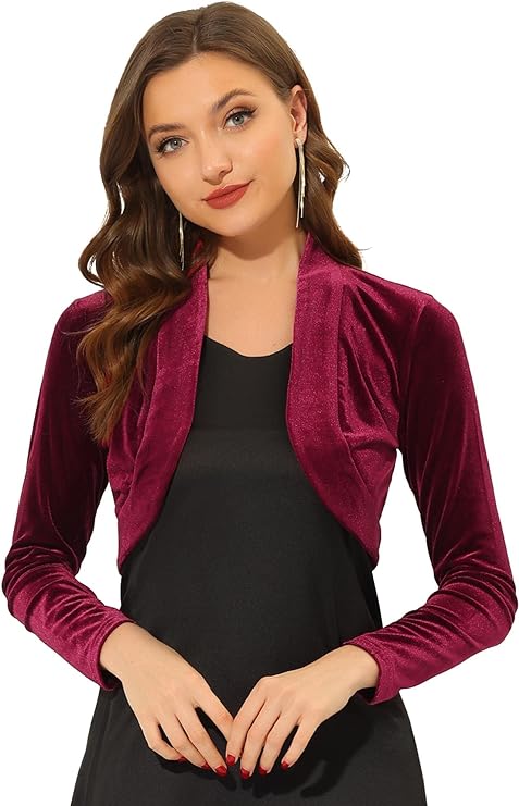 Women's Long Sleeve Velvet Shrug Cocktail Party Open Front Cropped Bolero Cardigan Top