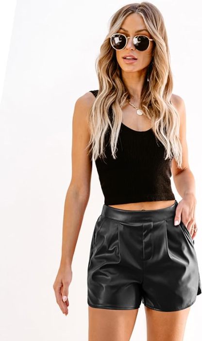 Faux Leather Shorts for Women High Wasited Pull On Pleated Side Slit Pleather Shorts with Elastic Waist Pockets