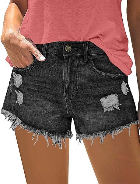 Frayed Denim Shorts for Women Mid Rise Jean Shorts Ripped Raw Hem Comfy