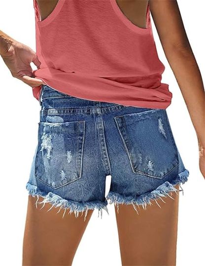 Frayed Denim Shorts for Women Mid Rise Jean Shorts Ripped Raw Hem Comfy