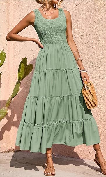Women's Casual Loose Plain Maxi Sundress Smocked Tank Dress Sleeveless Summer Beach Tiered Long Dresses