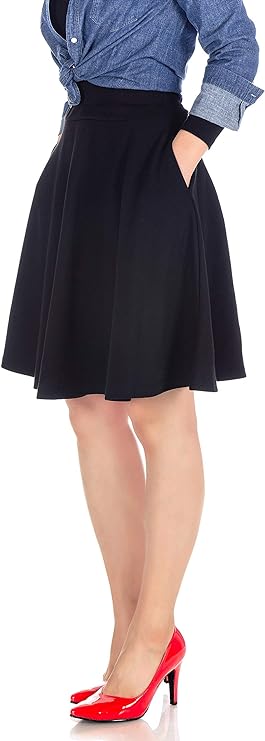 Women's Cotton Blend High Waist Aline Hidden Pockets Full Flared Circle Skater Knee Length Skirt
