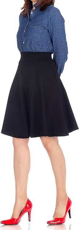 Women's Cotton Blend High Waist Aline Hidden Pockets Full Flared Circle Skater Knee Length Skirt
