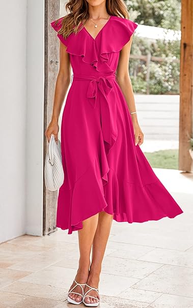 Women's 2024 Summer Wrap Maxi Dress Casual Boho Deep V Neck Short Sleeve Ruffle Hem Split Beach Long Dresses