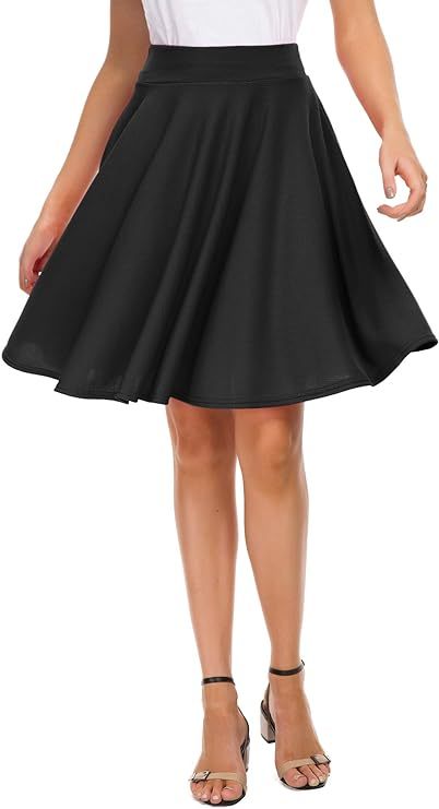 Women's Casual Stretchy Flared Mini Skater Skirt Basic A-Line Pleated Midi Skirt