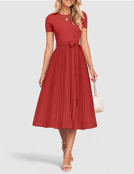 Womens Spring Casual Short Sleeve Midi Dresses 2024 Summer Crew Neck Ribbed Knit Belted Pleated A Line Long Dress