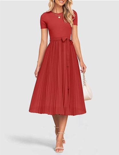 Womens Spring Casual Short Sleeve Midi Dresses 2024 Summer Crew Neck Ribbed Knit Belted Pleated A Line Long Dress