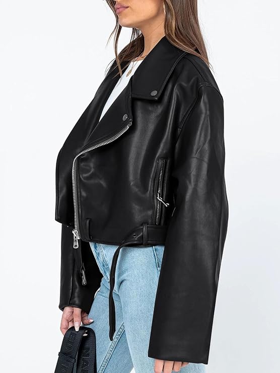 Women Leather Jackets Oversized Casual Winter Y2k Faux Zip Up Coats Bomber Motor Biker Fall Clothes  Trendy