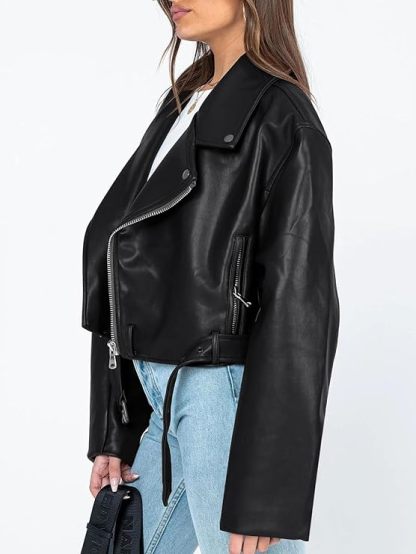 Women Leather Jackets Oversized Casual Winter Y2k Faux Zip Up Coats Bomber Motor Biker Fall Clothes  Trendy